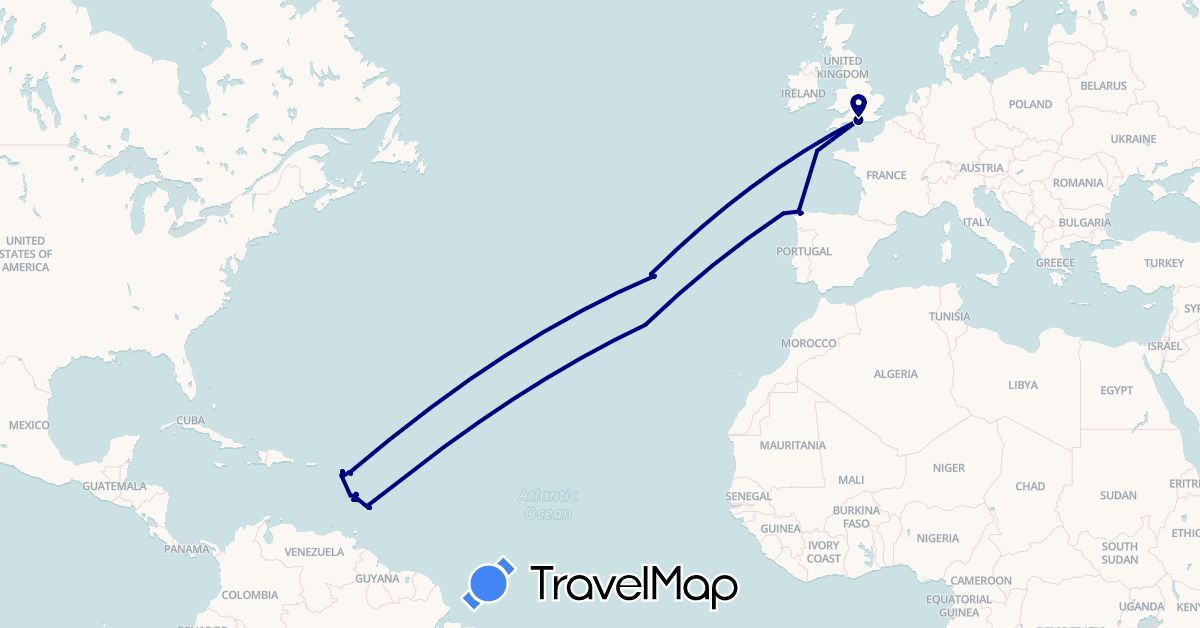 TravelMap itinerary: driving in Antigua and Barbuda, Barbados, Spain, United Kingdom, Saint Kitts and Nevis, Saint Lucia, Martinique, Portugal (Europe, North America)
